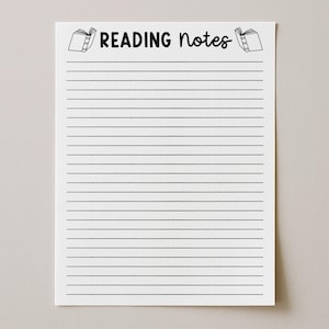 Könnte beinhalten: Ein weißes, rechteckiges Blatt Papier mit dem schwarzen Text READING Notes, der oben zentriert ist. Der Text wird von zwei kleinen, schwarzen Strichzeichnungen offener Bücher flankiert. Unter der Überschrift befinden sich zweiundzwanzig Zeilen.