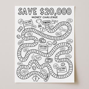 May include: A monochrome money-saving game board with the text "SAVE £20,000". The board includes a winding path with milestones, pound signs, and motivational phrases such as "START" and "FINISH".