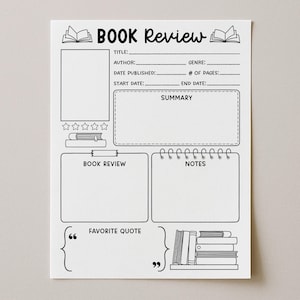 May include: A white paper sheet featuring a black and white book review template. The layout includes sections for title, author, genre, date published, page count, start and end dates, a summary box, a review area, notes, and a favorite quote section.