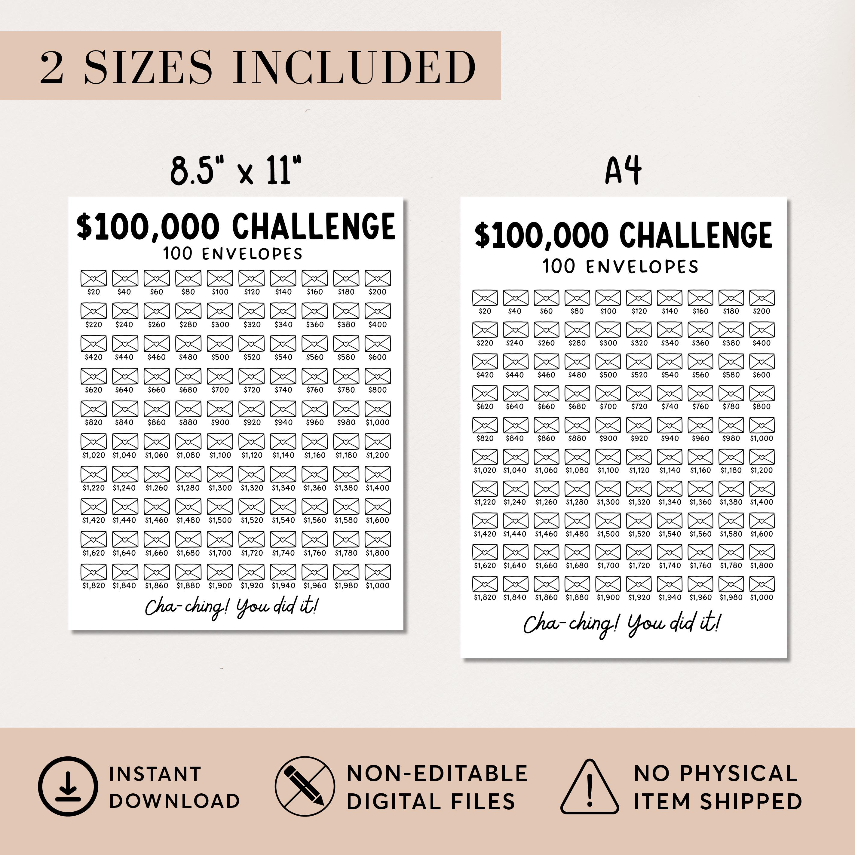 100k 100 Envelope Challenge, 100000 100 Day Challenge Savings Tracker ...