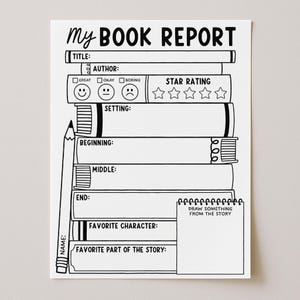 以下が含まれることがあります： 「My Book Report」のテキストが入った白黒のブックレポートテンプレート。タイトル、著者、評価などのセクションが含まれています。左側には鉛筆のグラフィックがあります。絵を描くスペースも含まれています。