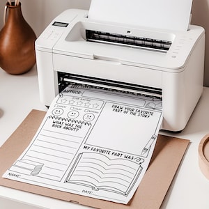 May include: A white printer printing a black and white book review sheet. The sheet includes sections for author, star rating, book summary, and a drawing area. A brown paper is under the printed sheet.