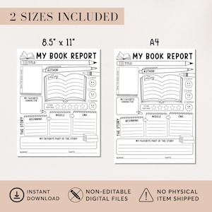 May include: Two black and white printable book report templates. One is 8.5" x 11" and the other is A4 size. Each includes sections for title, author, setting, character, story rating, and favorite part of the story. The text "2 SIZES INCLUDED" is at the top.