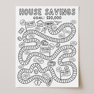 Könnte beinhalten: Schwarz-weißes Sparziel-Tracker für ein Haus mit dem Text "HOUSE SAVINGS GOAL: $20.000". Das Design umfasst Meilensteine, Geldbeträge und ermutigende Sätze.