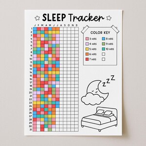 Könnte beinhalten: Ein weißer Schlaf-Tracker-Planer mit der Überschrift SLEEP Tracker, einem Raster für die Tage 1-31 und Monate J-D, einem Farbschlüssel für 3 bis 10 Stunden sowie schwarzen Strichzeichnungen eines schlafenden Mondes mit ZZZ und einem Bett.