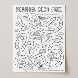 Puede incluir: Juego de mesa en blanco y negro para una misión libre de deudas con el texto "MISSION: DEBT-FREE". El tablero presenta un camino con hitos como "25% Done!" y "Finish". Incluye espacios para rastrear el progreso y los objetivos financieros.