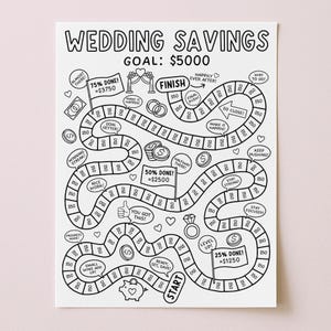 May include: A black and white printable wedding savings tracker featuring a winding path with individual steps marked $50. The design includes a start point, a finish line, milestone flags at 25%, 50%, and 75%, and motivational text like You Got This and Happily Ever After.