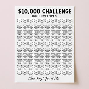 Puede incluir: Un papel blanco con una cuadrícula negra de 100 sobres, cada uno etiquetado con una cantidad en dólares, diseñado para un desafío de ahorro de $10,000. El texto "$10,000 CHALLENGE" y "100 ENVELOPES" están en la parte superior, con "Cha-ching! You did it!" en la parte inferior.