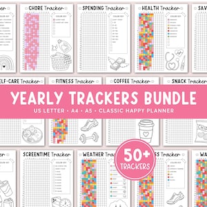 May include: A yearly trackers bundle featuring printable sheets for chores, spending, health, self-care, fitness, coffee, snacks, screentime, and weather. Each tracker includes a grid, color key, and line art icons like a laundry basket, money, and sneakers.