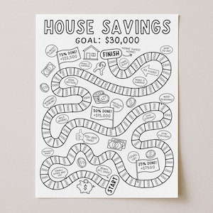 May include: Black and white house savings goal chart with a path, milestones, and the text "HOUSE SAVINGS GOAL: $30,000". Includes phrases like "Start", "Finish", and "50% Done! = $15,000".