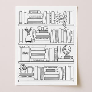May include: A black and white line art coloring page featuring four shelves filled with books, potted plants, a pair of glasses, a globe, and a mug. Several book spines are labeled with titles including Summer House, North Shore, The Bookshop, The Last Letter, Winter Light, The Old Cottage, The Long Road, Hidden Paths, The Guest Room, Turning Pages, and By The Lake.