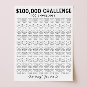 Könnte beinhalten: Eine weiße Spar-Challenge-Tabelle mit dem Text "$100.000 CHALLENGE" und "100 UMSCHLÄGE". Die Tabelle zeigt 100 Umschläge mit steigenden Beträgen, von 20 $ bis 1.000 $. Der Satz "Cha-ching! You did it!" steht unten.