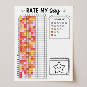 May include: A white paper tracker titled RATE MY DAY with a grid for months and days. It features a color key with pink, purple, yellow, orange, and red squares corresponding to star ratings, and a calendar icon with a smiling star illustration.