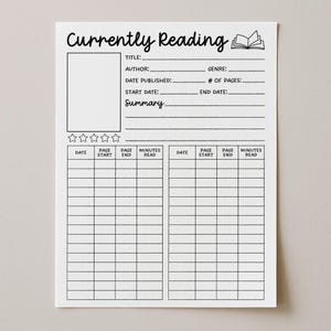 May include: A white paper reading log template with black text and lines. The header reads Currently Reading with a book icon. It includes fields for title, author, genre, date published, page count, dates, a summary section, and two reading tracker tables.