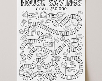 Op de afbeelding: Zwart-wit spaardoel tracker voor een huis met de tekst "HOUSE SAVINGS GOAL: $50.000". Het spelbordontwerp bevat mijlpalen, bemoedigende zinnen en een spaarvarken.