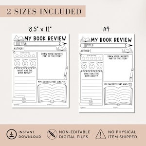 May include: Two black and white printable book review sheets. One is 8.5" x 11" and the other is A4 size. Each sheet includes sections for title, author, star rating, drawing, and favorite part of the story. The sheets also have the text "My Book Review".