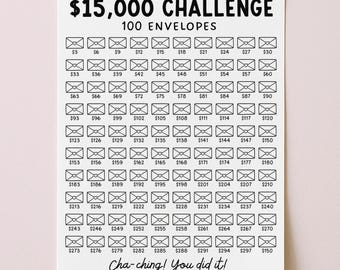 Może przedstawiać: Biały wykres wyzwania oszczędnościowego z tekstem "$15,000 CHALLENGE" i "100 ENVELOPES". Zawiera 100 ponumerowanych ilustracji kopert, od $3 do $297, z frazą "Cha-ching! You did it!"