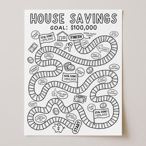 Puede incluir: Un rastreador de objetivos de ahorro para la casa en blanco y negro con el texto "HOUSE SAVINGS GOAL: $100,000". El diseño incluye un tablero de juego con hitos, símbolos de dólar y frases de ánimo.