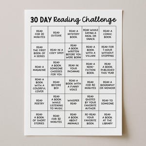 Könnte beinhalten: Ein weißes, rechteckiges 30 Day Reading Challenge Raster mit schwarzem Text. Die Tabelle besteht aus fünf Zeilen und fünf Spalten mit individuellen Leseaufgaben, darunter Aufforderungen wie ein Krimi lesen, ein Comic lesen oder 20 Minuten lesen.
