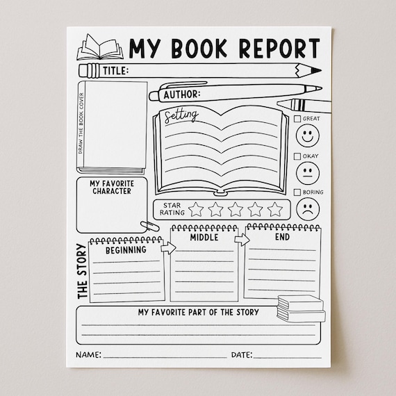 Kids Book Review Template, Book Report Homeschool Printable, Reading Response, Reading Worksheet, Digital Download