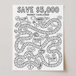 May include: Black and white money challenge game board with the text "Save $5,000". The board game includes illustrations of money, flags, and a trophy. The game has a start and finish line.