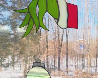 Stained Glass Grinch Hand with Ornament