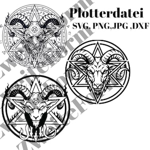 May include: Black and white digital art featuring three goat head designs within pentagrams and circular frames. The image includes the text "Plotterdatei SVG, PNG, JPG, DXF". The designs are detailed and suitable for various applications.