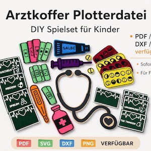 Op de afbeelding: Een verzameling kleurrijke, gestanste medische vormen, waaronder verbanden, een spuit, pillen, een stethoscoop en medicijnflesjes. De afbeelding bevat ook tekst in het Duits, wat aangeeft dat het een doe-het-zelf speelset voor kinderen is.