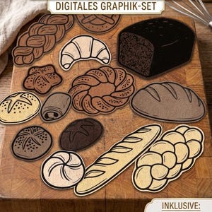 Könnte beinhalten: Ein digitales Grafikset mit verschiedenen Backwaren, darunter Brot, Croissants und Brötchen, angeordnet auf einem Holzschneidebrett. Das Bild enthält den Text "BACKSTUBEN KLASSIKER" und "DIGITALES GRAPHIK-SET". Das Set enthält SVG-, PNG-, JPG-, PDF- und DXF-Dateien.