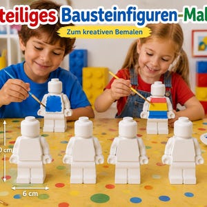 May include: A 6-piece set of white plastic building block figures for painting, each measuring 10 cm in height and 6 cm in width. The set includes paint pots and brushes for creative decoration of the blank, modular-style toy figurines.