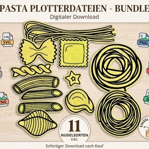 May include: A digital download bundle featuring various pasta shapes, including spaghetti, bow ties, and ravioli, in yellow with black outlines. The image includes file type icons like SVG, PNG, and PDF, and text that reads "PASTA PLOTTERDATEIEN - BUNDLE".