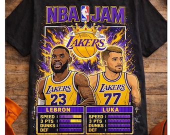 Camiseta de los Lakers de NBA Jam con LeBron y Luka / Camiseta con póster retro de baloncesto
