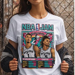 NBA Jam Spurs Retro Roster T-Shirt | Wembanyama Castle Arcade Poster Tee
