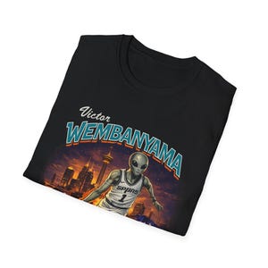 Wembanyama Basketball Player graphic T-Shirt | San Antonio Spurs retro city skyline image 4