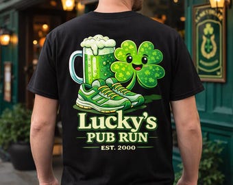 Camiseta Lucky's Pub Run con trébol, jarra de cerveza y zapatillas para correr