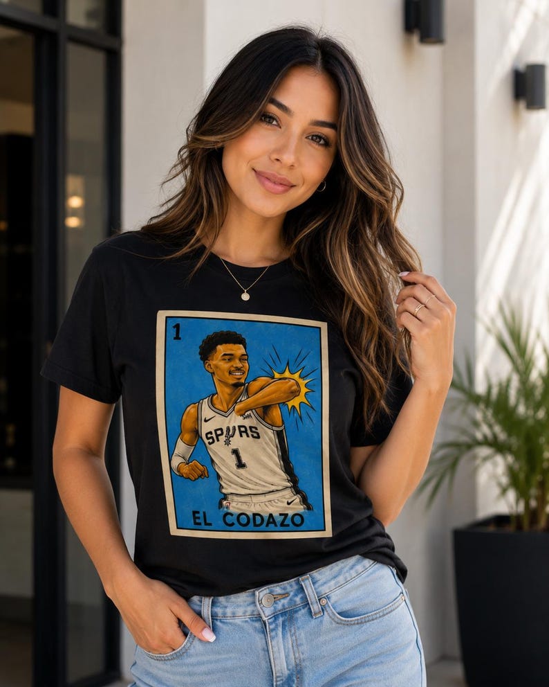 Crazy Hispanic El Codazo Wemby Basketball Player TShirt Spurs Lotería Style Graphic Tee Retro Sports Fan Shirt Vintage Inspired Unisex Tee image 1