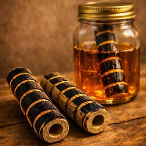Può includere: Due bastoncini cilindrici in legno con fasce alternate nere e color legno naturale giacciono in orizzontale, mentre un terzo bastoncino identico è immerso in un barattolo di vetro trasparente pieno di liquido ambrato con un coperchio metallico dorato.