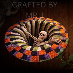 May include: A circular quilt featuring a 3D optical illusion of a deep hole with a skeleton emerging from the centre. The quilt has a checkered border in orange, purple, black, and green, with the text CRAFTED BY MR J visible at the top.