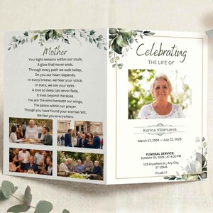May include: A memorial program with a photo of a woman, floral accents, and text. The program includes the words "Mother" and "Celebrating the Life of" with a name and dates. The program is open on a white surface.