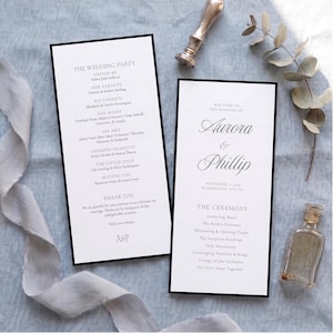 Könnte beinhalten: Zwei rechteckige Hochzeitskarten mit schwarzem Rand und weißem Hintergrund. Der Text enthält 'THE WEDDING PARTY', 'WELCOME TO THE WEDDING OF Aurora & Phillip', 'SEPTEMBER 11, 2026', 'WASHINGTON AVE, NY', 'THE CEREMONY' und 'THANK YOU'.