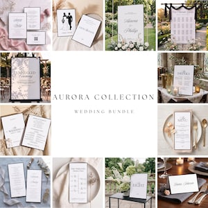 Op de afbeelding: Een trouwstationery-set bestaande uit witte papieren kaarten met zwarte randen en elegante schreefletters. De collectie bevat uitnodigingen, save-the-date kaarten, tafelindelingen, menukaarten, tijdlijnen en naamkaartjes met namen zoals Aurora en Phillip.