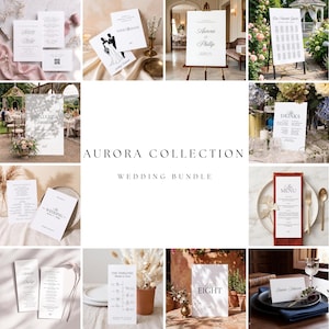 May include: A wedding stationery bundle featuring white paper cards with black serif typography, including invitations, save the dates, menus, seating charts, timelines, and place cards, all displaying the Aurora Collection branding.