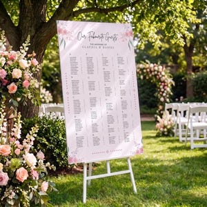 May include: A white wedding seating chart sign on a white easel, featuring the text Our Favourite Guests, The Wedding of Claudia & Daniel, and an alphabetical list of names with table numbers, decorated with pink floral illustrations.