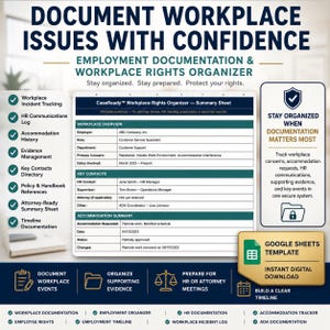 May include: A digital Google Sheets template titled CaseReady Workplace Rights Organizer. The document includes sections for workplace overview, key contacts, and accommodation summary. It features text for tracking incidents, HR logs, and evidence.