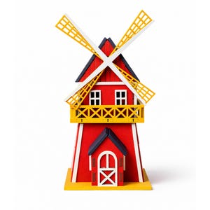 Può includere: Un mulino a vento in miniatura in legno dipinto di rosso, bianco e giallo. Il corpo è rosso, la base gialla e le pale bianche. Il tetto è nero e le finestre bianche. Un oggetto decorativo con balcone e porta.