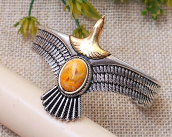 Sterling Silver Eagle Feather Bangle, Orange Jasper Turquoise Gemstone Bracelet