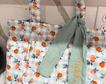 Peach gingham Cottagecore handmade tote bag