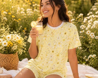 Yellow Daisy Pajama Set Women Butterfly Bow Cottagecore Soft Girl Sleepwear Lounge Set Gift Her