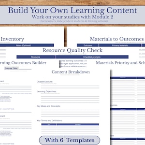 Może przedstawiać: Sześć szablonów treści edukacyjnych w kolorze niebiesko-białym, z sekcjami inwentarza materiałów, efektów uczenia się i podziału treści. Obraz zawiera również tekst "Build Your Own Learning Content".