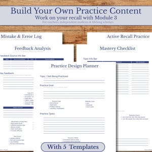 May include: A collection of white paper templates for educational practice. The templates include sections for mistake logs, feedback analysis, practice design, and mastery checklists. The text "Build Your Own Practice Content" and "With 5 Templates" are visible.